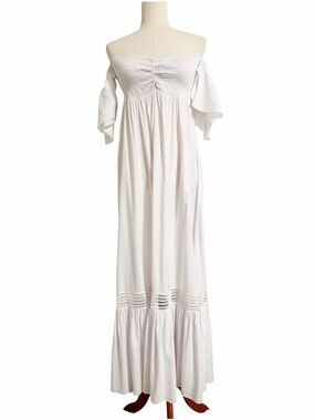 NEW Khush Off Shoulder Flutter Sleeve Smocked Open Back Maxi Dress